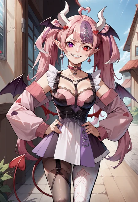 score_9, score_8_up, score_7_up, source_anime, 1girl, outdoors, <lora:Ironmouse_XLPD:1>, IronmouseDefS3, heterochromia, purple eyes, red eyes, demon horns, demon girl, demon tail, demon wings, pointy ears, heart hair ornament, heart ahoge, twintails, head wings, long hair, earrings, jewelry, choker, cleavage, dress, thighhighs, single leg pantyhose, single thighhigh, asymmetrical legwear, mismatched legwear, bell, collar, hands on own hips, smirk, long sleeves,