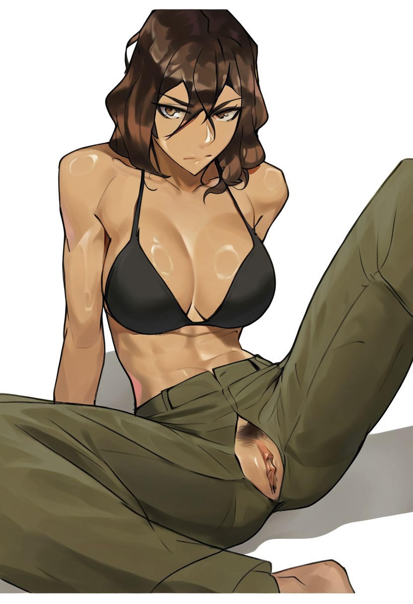 score_9, score_8_up, score_7_up, score_6_up, tbc_style, white background, detailed clothing, textured clothing, 1girl, solo, breasts, brown hair, brown eyes, green pants, looking at viewer, dark-skinned female, large breasts, white background, hair between eyes, dark skin, sitting, pants, shadow, simple background, bra, swimsuit, medium hair, underwear, black bikini, bikini, arm support, closed mouth, black bra, pussy, spreading legs, pubic hair