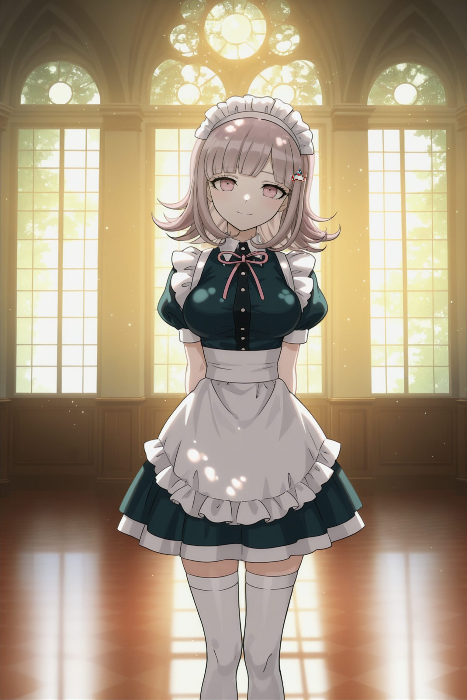 anime screencap, masterpiece, best quality, amazing quality, very aesthetic, absurdres,  newest, (scenery, volumetric lighting),
nanami chiaki, flipped hair, medium hair, light brown hair, pink eyes, bangs, 
maid, maid headdress, mansion, indoors, white thighhighs, puffy short sleeves, frills, looking at viewer, smile, arms behind back, 
dappled sunlight, light particles, 
 <lora:Chiaki_IL:0.8>