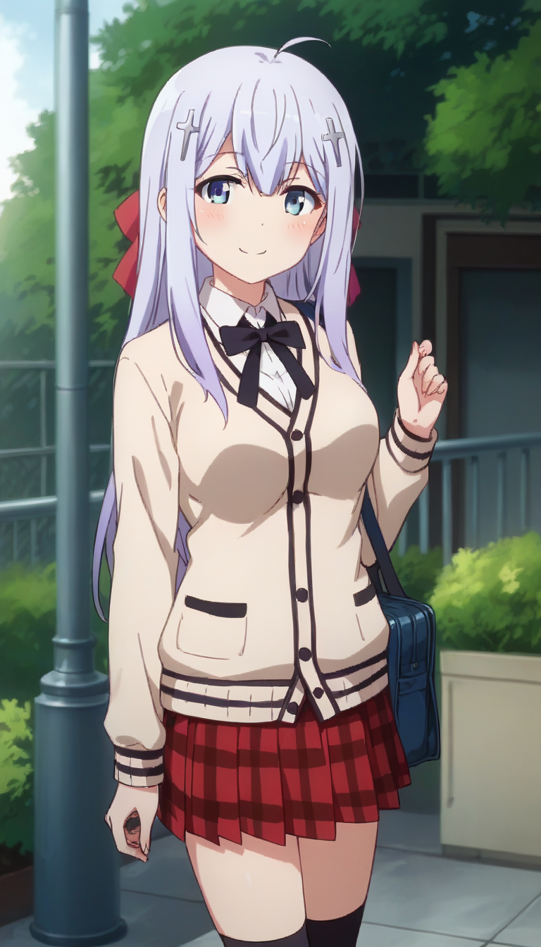 score_9,score_8_up,score_7_up,score_6_up BREAK official art,solo,outdoors,cowboy shot,looking at viewer,facing viewer,smile,blush,Raphiel Shiraha Ainsworth,ahoge,long hair,light purple hair,cross hair ornament,hair bow,sidelocks,hair between eyes,beige cardigan,neck ribbon,black ribbon,collared shirt,white shirt,long sleeves,medium breasts,plaid skirt,pleated skirt,red skirt,black socks,loafers,<lora:Raphiel Shiraha Ainsworth(gd)-Pony:1.5>,