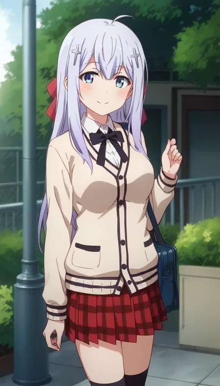 score_9,score_8_up,score_7_up,score_6_up BREAK official art,solo,outdoors,cowboy shot,looking at viewer,facing viewer,smile,blush,Raphiel Shiraha Ainsworth,ahoge,long hair,light purple hair,cross hair ornament,hair bow,sidelocks,hair between eyes,beige cardigan,neck ribbon,black ribbon,collared shirt,white shirt,long sleeves,medium breasts,plaid skirt,pleated skirt,red skirt,black socks,loafers,<lora:Raphiel Shiraha Ainsworth(gd)-Pony:1.5>,