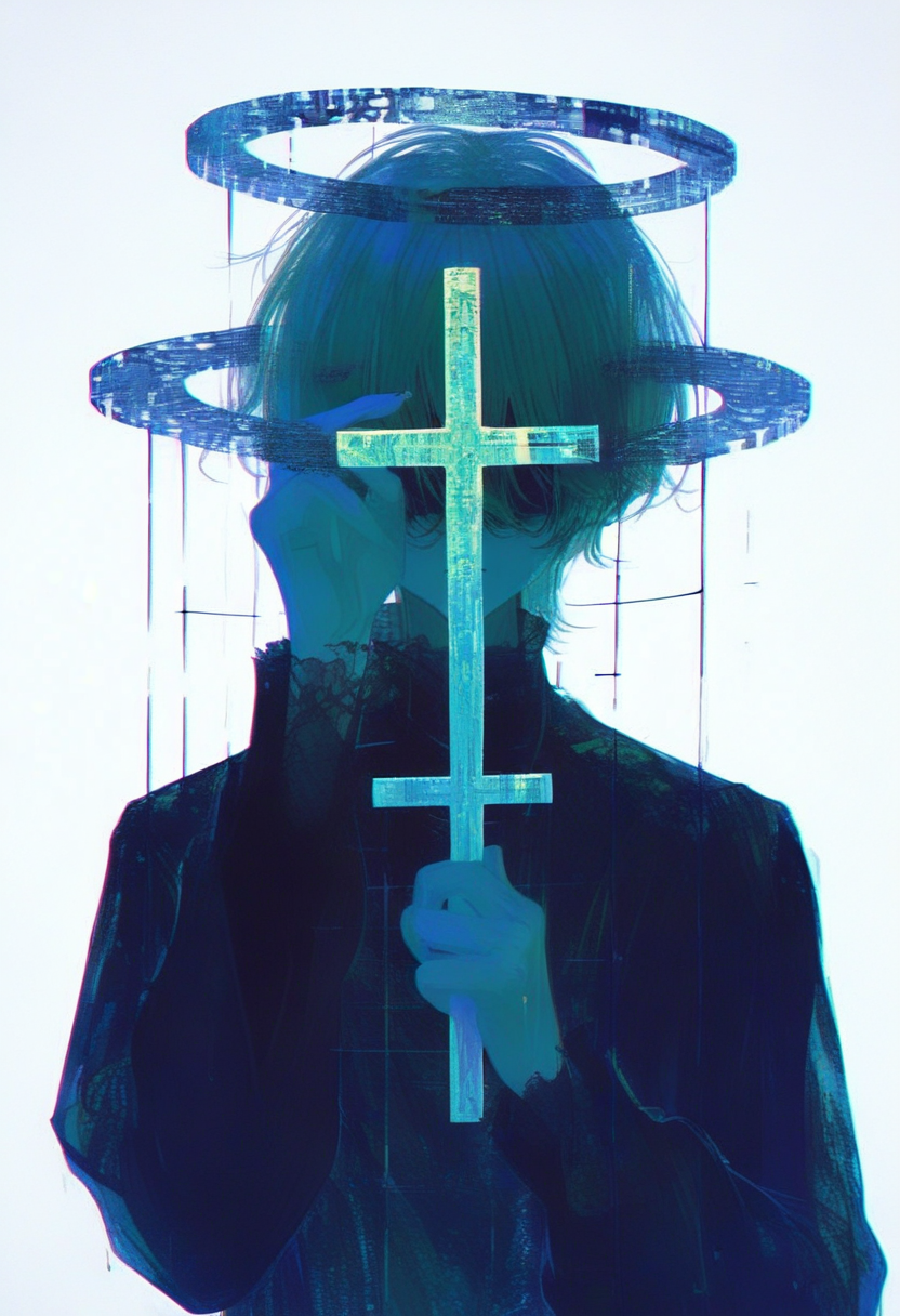 solo, 1boy, upper body, halo, cross, male focus, simple background, long sleeves <lora:748cmXL_NBVP1_lokr_V6311PZ:0.95>