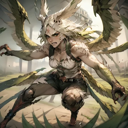 hi_res, score_9, score_8_up, FFXIVGaruda, flying, battle pose, intimidating <lora:Garuda_Final_Fantasy_XIV-000009:1> <lora:OtherStyle_06:1> <lora:bad_prompt_version2-neg:1> <lora:By bad artist -neg:1>