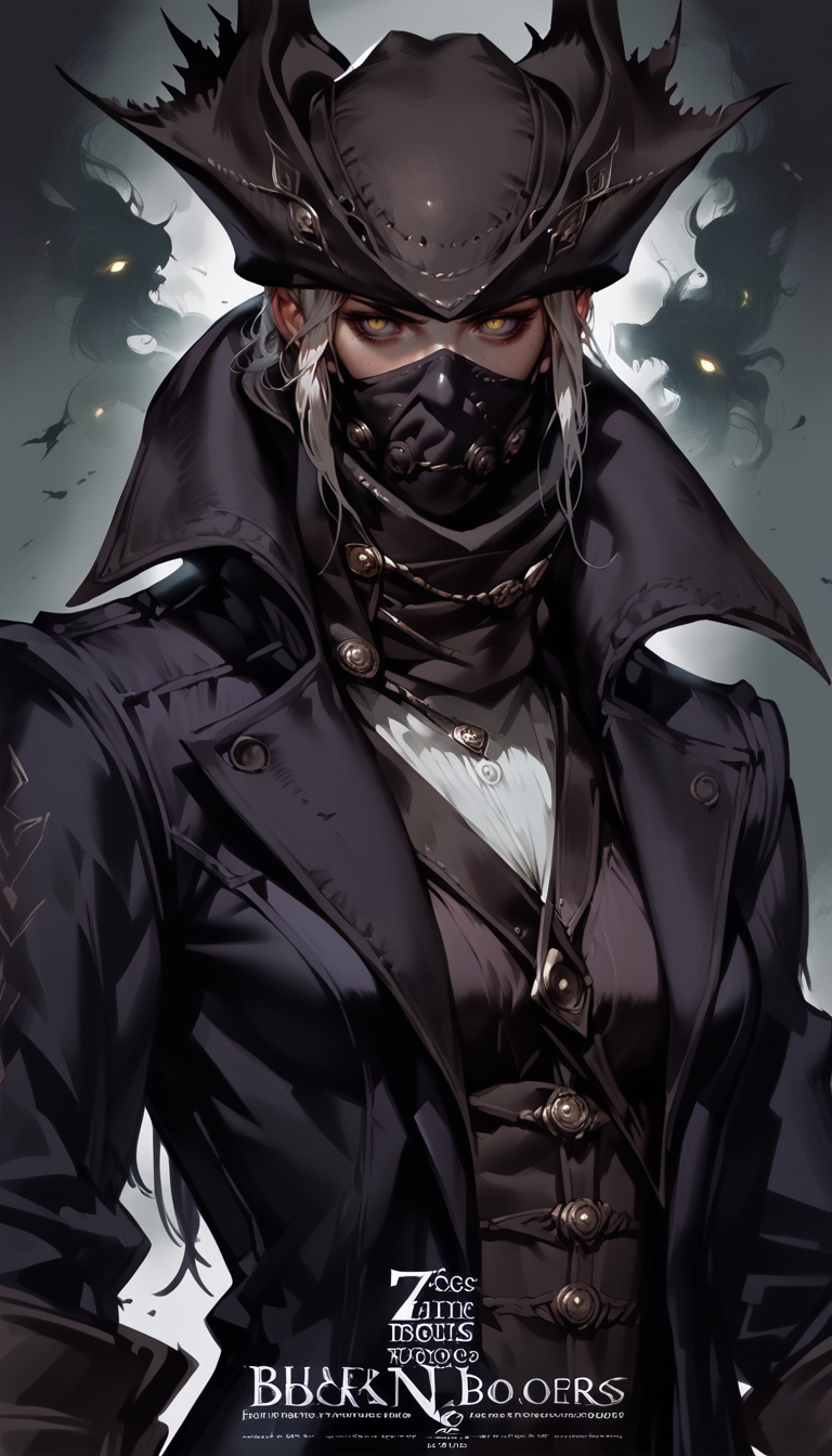 score_9, score_8_up, score_7_up, expressiveh, 1female, glowing yellow eyes, stubble,   <lora:ph4nt0m01lXLP:0.4>, ph4nt0m01l,, realistic, dark theme, low light,  fit body, slim,  cover page, magazine cover,
  <lora:Fant5yP0ny Style:0.7>,  
 <lora:Concept Art DarkSide Style LoRA_Pony XL v6:0.4> concept art, realistic, dark theme, low light, portrait, upper body shot,
<lora:JAV_Cover_V2:0.8> jav cover
 <lora:Zeronis_Style:0.8> zeronis,
 <lora:Bloodborne_Hunter_set:0.8> leather coat, long coat, leather pants, hunter hat, hunter garb, hunter gloves, hunter trousers, facemask,