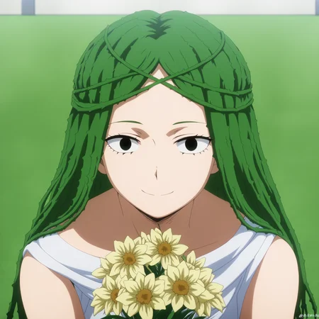 <lora:SlimesIbara-000007:1>, slimes_ibara, woman, solo, green hair, holding flowers, straight on POV, smile, garden background