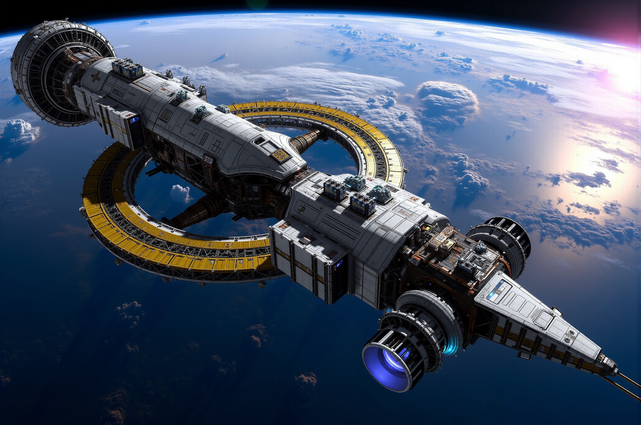 <lora:SpaceCraft_v.1:0.8> SPCCRFT style. A sleek and highly sophisticated space station orbits Earth, its modular design reflecting a blend of scientific ingenuity and cutting-edge engineering. The station's elongated frame is segmented by two massive rotating rings, likely serving as artificial gravity generators for long-term habitation and research. The structure features a combination of reinforced metallic plating and exposed framework, blending functionality with an elegant, utilitarian aesthetic. The forward section bears the "ESA" insignia, signifying its affiliation with the European Space Agency, while the streamlined hull is punctuated with an array of communication arrays, sensor clusters, and external storage compartments. The addition of extendable solar panels, mounted at strategic locations, ensures a sustainable energy supply drawn from the sunâs rays. Small thruster modules are strategically positioned along the hull, providing precision maneuvering capabilities for orbital adjustments. In the central section, the expansive rotational rings are supported by intricate trusses and structural braces, showcasing a balance between strength and efficiency. These segments house critical life-support systems, laboratories, and living quarters, allowing for extended missions and deep-space research endeavors. The outer edges are adorned with yellow lattice structures, reinforcing the stationâs modular expansion potential. At the rear, twin propulsion units with glowing blue exhaust ports suggest an advanced ion-based drive system designed for sustained low-thrust efficiency. The modular cargo pods and docking ports at the station's rear hint at its capacity for logistical support, supply missions, and potential deep-space expeditions. Below, Earth's curvature, with its swirling cloud formations and deep blue oceans, serves as a breathtaking backdrop that contrasts the stationâs mechanical precision against the organic beauty of the planet. The thin atmospheric haze and subtle lens flares add depth and realism to the scene, emphasizing the scale and operational significance of the orbital outpost. Rendered in a photorealistic sci-fi art style, the composition showcases meticulous detailing, dynamic lighting, and a cinematic perspective, evoking themes of exploration, innovation, and the pursuit of scientific advancement beyond Earth's boundaries.