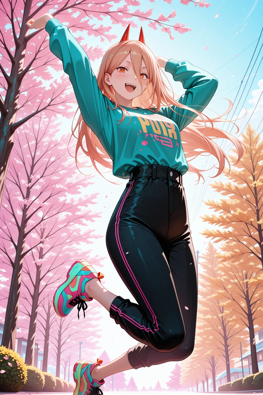 lazympos, 1girl,power \(chainsaw man\),looking at viewer,happy,outdoors,jumping,tree,vibrant colors,colorful,soft lighting,volumetric lighting,light behind character,soft shading,rich detailing, <lora:super_secret_lora_not_released:2> <lora:TrendCraft_The_Peoples_Style_Detailer-v2.3I-4_15_2025-Illustrious:0.4>