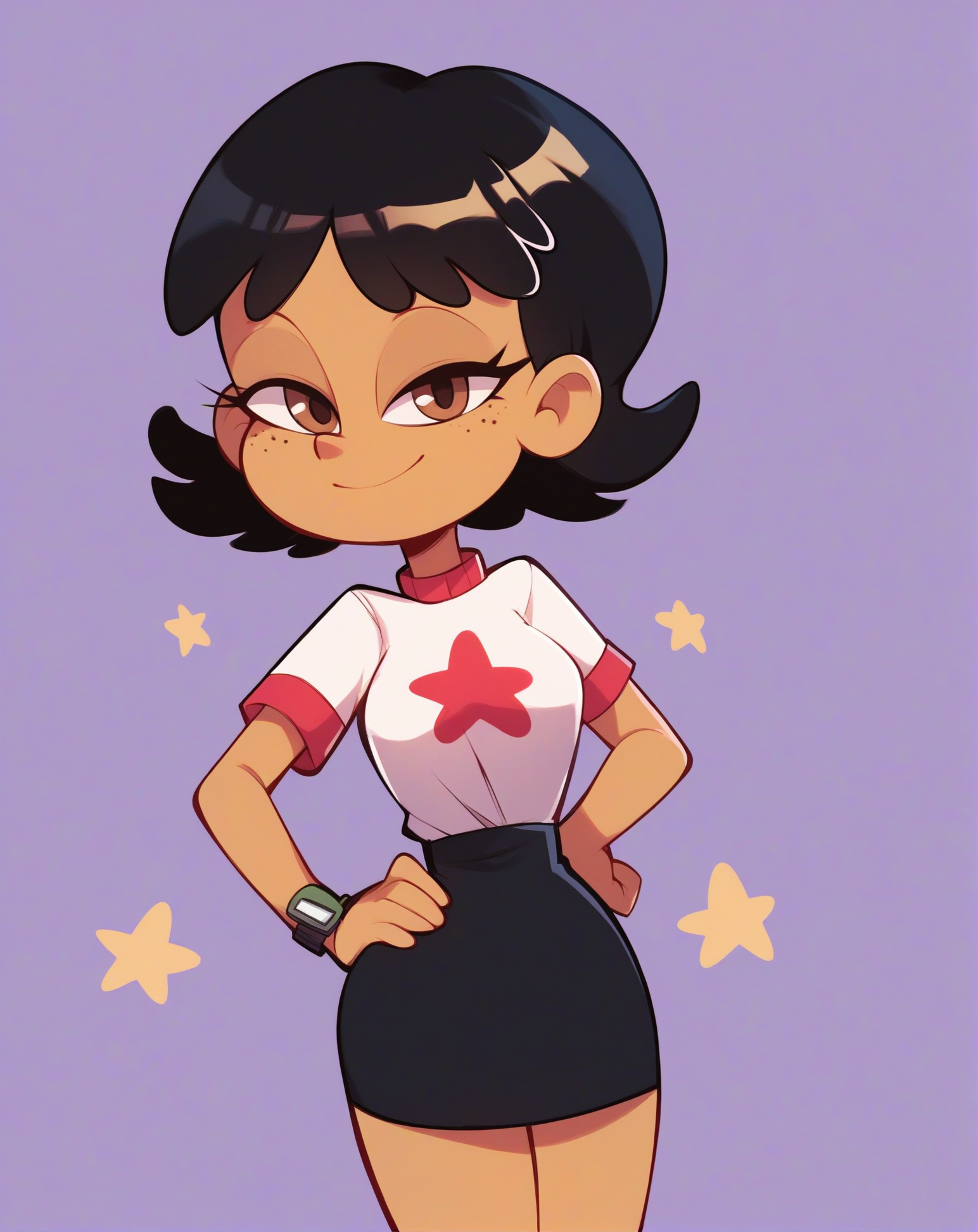 score_9,score_8_up,score_7_up,score_6_up, score_5_up, source_cartoon, (Cartoon:1.0),
BREAK
<lora:stellasdxl-05:1>, stella tlh, 1girl, solo, looking at viewer, smile, short hair, bangs, skirt, simple background, shirt, black hair, brown eyes, star \(symbol\),  standing, white shirt, short sleeves, dark skin, black skirt, dark-skinned female, hand on hip, t-shirt, freckles, watch, wristwatch, z-ring 
BREAK
Breast, medium breas, curvy,