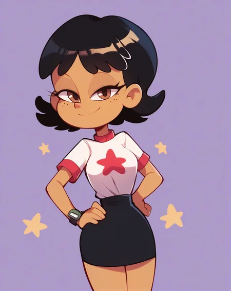 score_9,score_8_up,score_7_up,score_6_up, score_5_up, source_cartoon, (Cartoon:1.0),
BREAK
<lora:stellasdxl-05:1>, stella tlh, 1girl, solo, looking at viewer, smile, short hair, bangs, skirt, simple background, shirt, black hair, brown eyes, star \(symbol\), standing, white shirt, short sleeves, dark skin, black skirt, dark-skinned female, hand on hip, t-shirt, freckles, watch, wristwatch, z-ring
BREAK
Breast, medium breas, curvy,