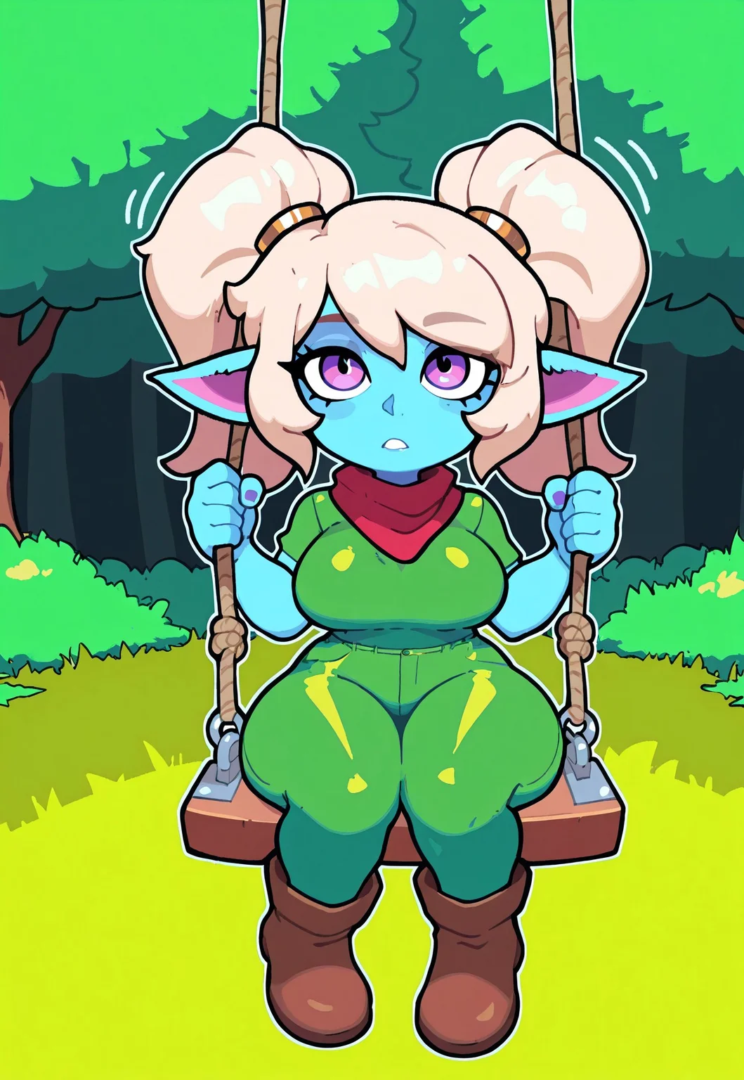 (((masterpiece,best quality,amazing quality,ultra detailed))),perfect hands,detailed,sharp on hands,HDHands,detailed eyes.HDeyes,(vibrant colors:1.2), (soft natural lighting:1.1),sharp focus, smooth skin,beautifully shaded, BREAK 
(1girl,solo,adult female,perfect body,hourglass body,curvy,poppy,yordle,lol,shortstack,blue skin,purple eyes,pointed ears,blonde hair,twintails,medium breasts), BREAK 
(Red scarf,green snakeskin shirt, green snakeskin pants, golden armor, brown boots), BREAK
(Sitting on a swing, swinging,motion lines), BREAK
(Beautiful landscape, forest,outdoors), BREAK
(baggen_cartoon_v4.0,sharp outline) 