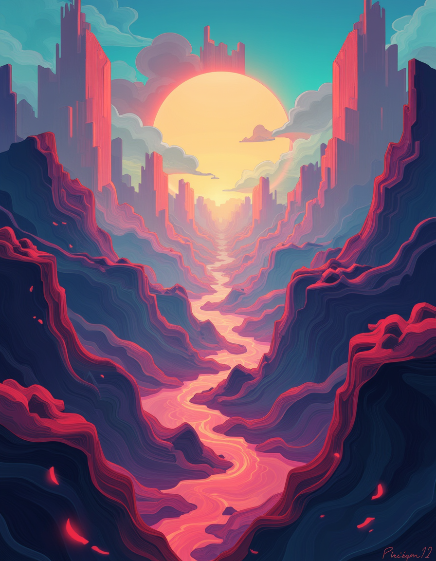 a cool image of an impossible landspace with some nice depth of field and dramatic colors <lora:afkArenaFlux:1> 2d,  afkArenaStyle style
