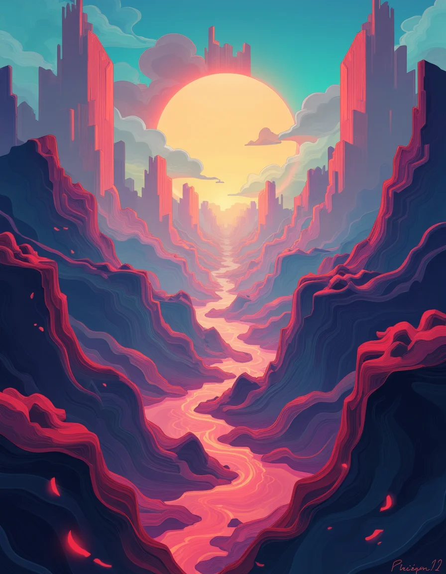 a cool image of an impossible landspace with some nice depth of field and dramatic colors <lora:afkArenaFlux:1> 2d, afkArenaStyle style