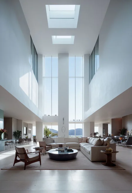 interior design photography, architecture photography, Architectural Digest, cinematic lighting, realistic, hyperrealism, a spacious living room, futuristic, Vaporwave Genre, natural light, Canon 6D, wide angle, --ar 9:16 --v 5