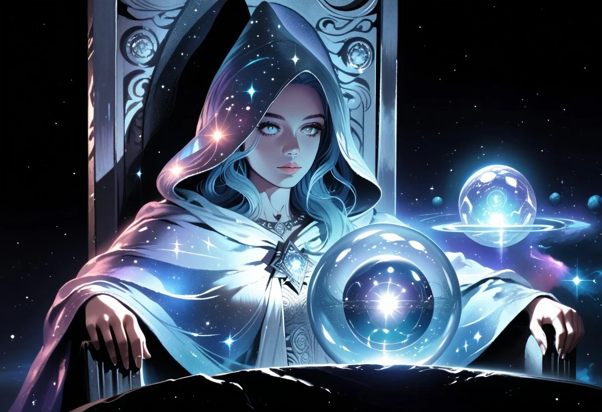 high quality, score_9, score_8_up, source_7_up, very aesthetic, high resolution, newest, depth of field, volumetric lighting, (masterpiece, best quality, ultra-detailed, High detailed), beautiful face, absurdres, masterpiece, best quality, amazing quality, masterpiece,best quality,amazing quality, 8k,
BREAK
girl, blue hair, ethereal hands,
dark mage robe, flowing robes, glowing runes around person,
sitting, orb, throne, crystal ball, chair, hooded cloak, robe, hood up, solo,
galaxy inside crystal ball, levitating, stardust,
surreal, detailed, rich_color_palette, light_and_dark, cosmic, mystical, magical, enchanting, fantastical,
arcane, eerie, atmospheric, foreboding, dreamlike, void, space, nebula, stellar, galactic, astral, ethereal, cosmic, otherworldly, fantastical, galaxy,
dark background, night sky,