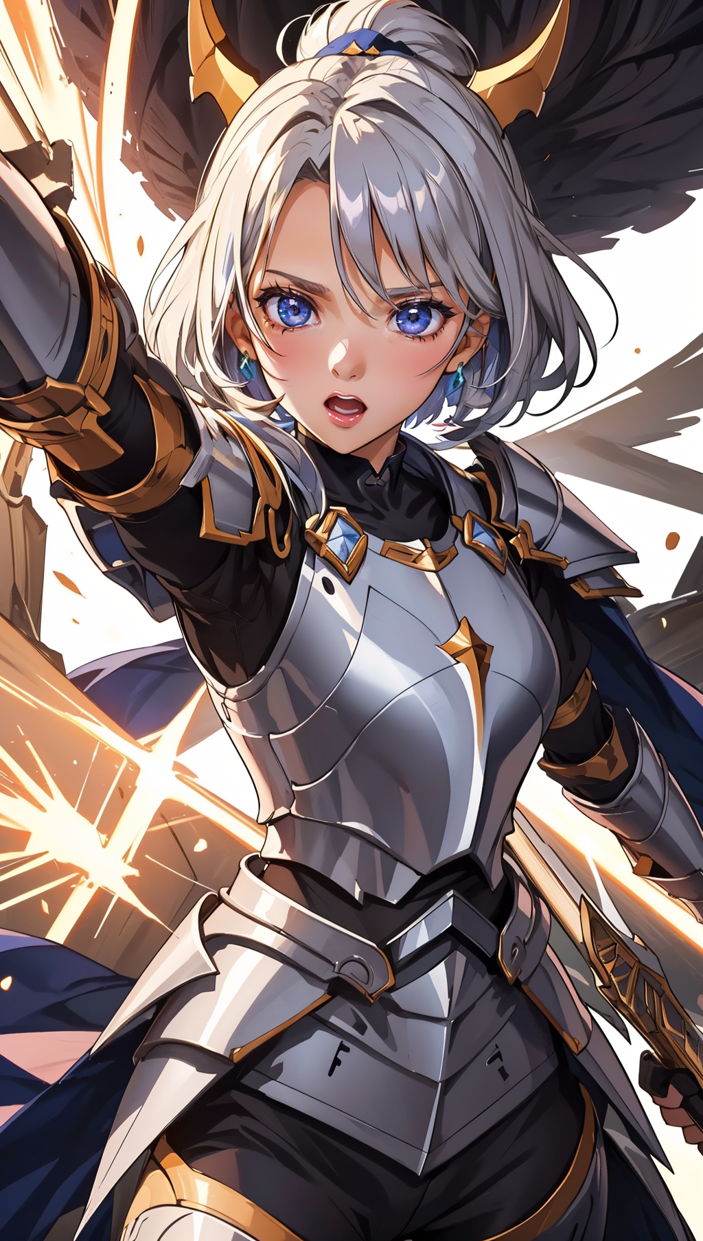 an illustration of a female paladin adorned in holy armor, wielding a sacred sword, furrowed brow, 
masterpiece, best quality, intricate detail, high background detail, high contrast,   <lora:emotion_angry_slider_v1:1> anime screencap,