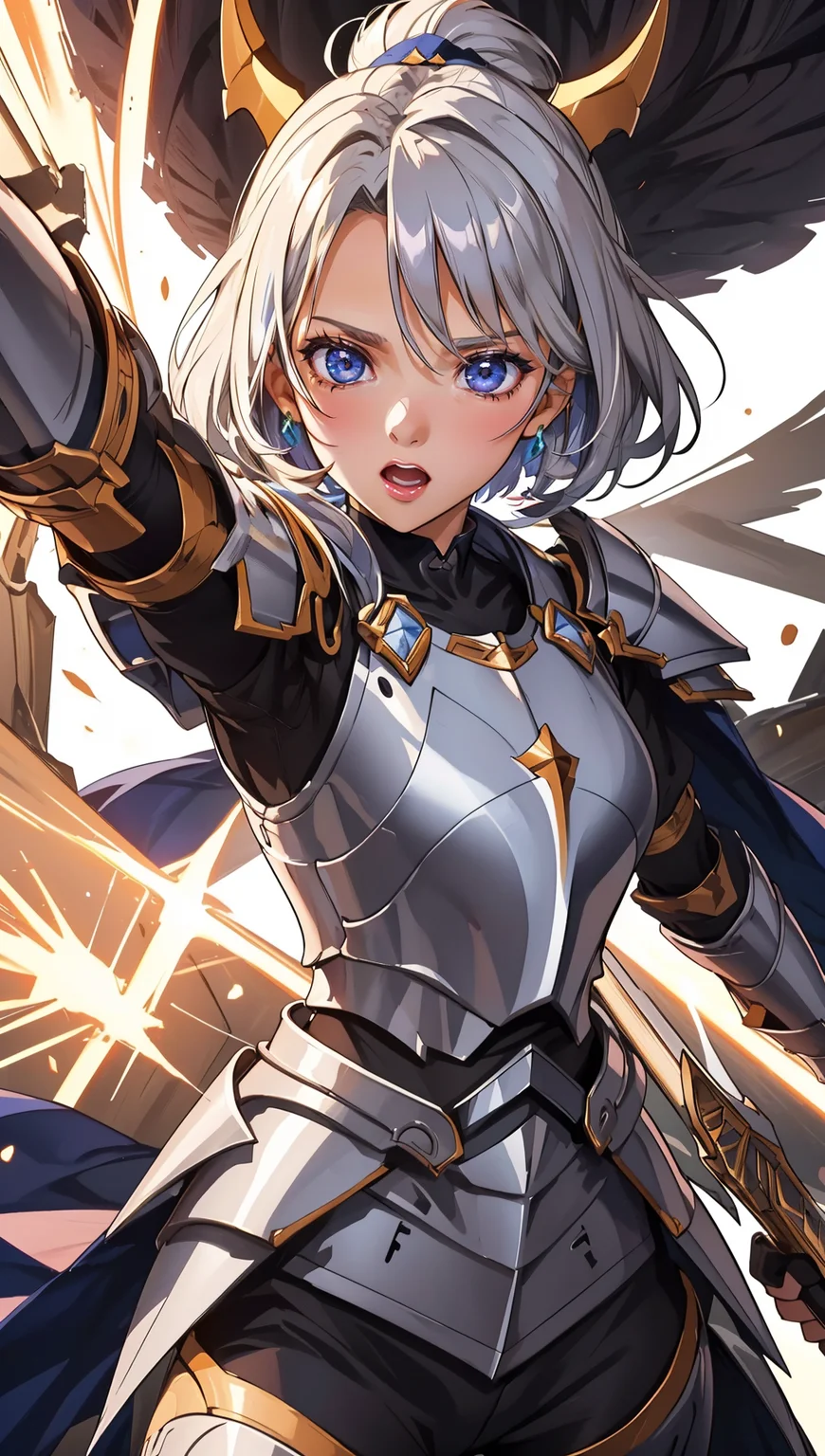an illustration of a female paladin adorned in holy armor, wielding a sacred sword, furrowed brow,
masterpiece, best quality, intricate detail, high background detail, high contrast, <lora:emotion_angry_slider_v1:1> anime screencap,