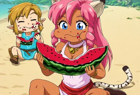 Pink_DragonPink, 1girl, sleeveless dress, white tiger print dress, pelvic curtain, cleavage, cat bell necklace, white tiger tail, red sash, small breasts, leather shoes, masterpiece, very aesthetic, <lora:pink-illustrious:1>,
Break
1boy,Anime screencap,link (zelda),blonde hair,blue eyes,pointy ears, low ponytail, sidelocks, wearing blue hyilian tunic,
Break
Sunny day at a beach, sitting on beach, eating, comedic expression, happy expression, closed mouth, chewing, munching, holding, holding food, eating, food in hands, Pink and Link eating watermelon