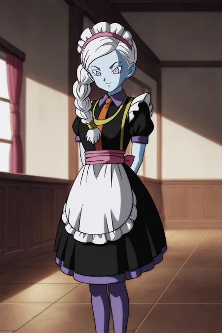 source_anime, score_9, score_8_up, score_7_up, anime screencap,8k, absurd res,
kusu \(dragon ball\), braid, single braid, side ponytail, long hair, purple eyes, white hair,
maid headdress, maid, black thighhighs, indoors, mansion, wrist cuffs,
<lora:kusu_pony_v1:0.8>