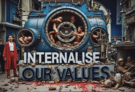 the words 'INTERNALISE OUR VALUES' written in large font fills the front of frame. In the back of frame weird man with in a dark room with checkerboard blue lotus PEOPLE ARE trapped inside machinery, people crushed inside mechanical gears, high gore arms crushed and bent, signs of wailing, people in business suits trapped in machinery. floors with blood on the ground with a white interior cyber tech electricity electical circuits illuminati symbols with brains and vaginas with high technology alchemical background lightning bolts