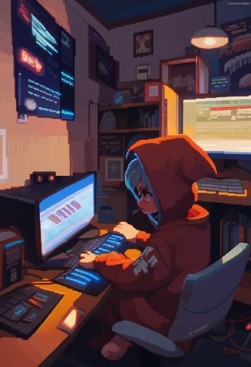 score_9, score_8_up, score_7_up, <lora:PixelART1:1>pixelart,pixel,solo, sitting, indoors, hood, english text, hoodie, night, 1other, computer, monitor