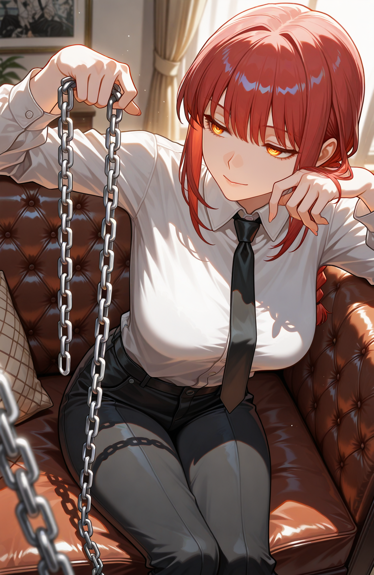 (1girl,solo),makima_\(chainsaw_man\),holding chain,white_shirt,black_pants,formal_clothes,seductive_smile,ringed_eyes,leaning_to_the_side,sitting,on_couch,