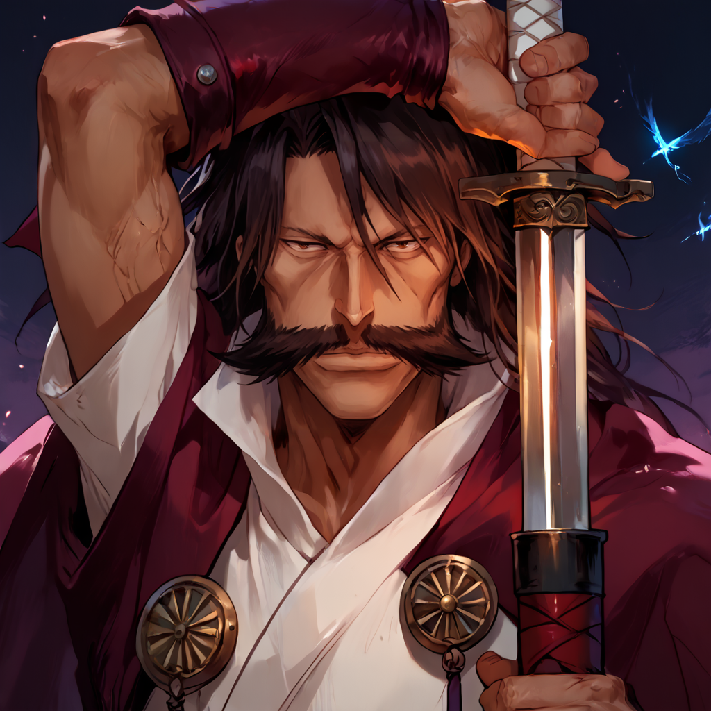 score_9, score_8_up, score_7_up, score_6_up, score_5_up, score_4_up,
1man, long black hair, dark brown hair, huge mustache, pronounced cheekbones, long nose, thin eyebrows, white boots, brown eyes, maroon-black cloak, broad chin, white uniform, masterpiece, high quality, detailed, Pony-NPDXL3, close-up, upper body, <lora:yhwach:1> looking at viewer, village, moonlight, stars, mysterious, dark, holding a sword , weapon,  <lora:unsheathing_pose_vertical_3_final:1> arm up unsheathing sword,   <lora:Fant5yP0ny:1> (blue glow:1.1)
