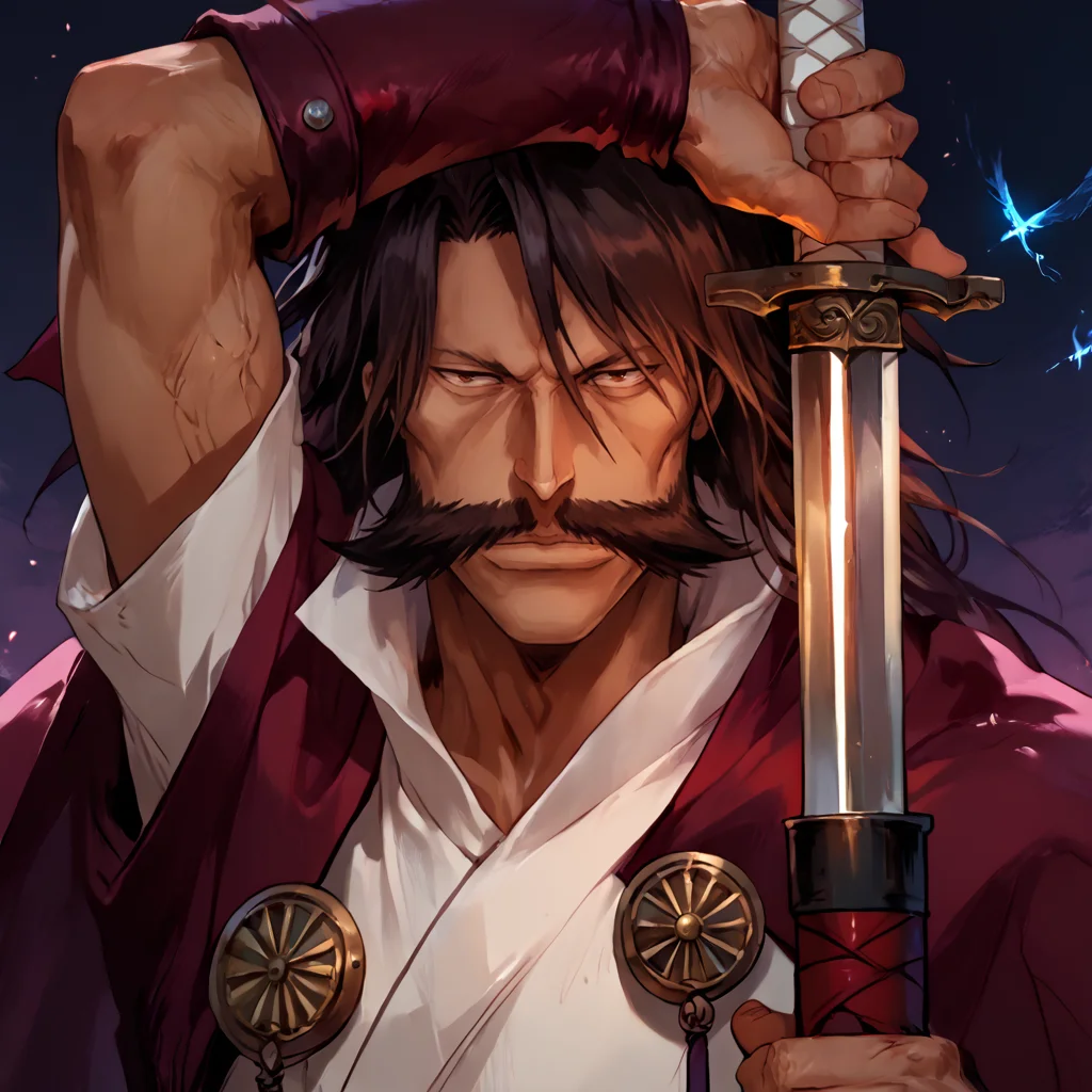 score_9, score_8_up, score_7_up, score_6_up, score_5_up, score_4_up,
1man, long black hair, dark brown hair, huge mustache, pronounced cheekbones, long nose, thin eyebrows, white boots, brown eyes, maroon-black cloak, broad chin, white uniform, masterpiece, high quality, detailed, Pony-NPDXL3, close-up, upper body, <lora:yhwach:1> looking at viewer, village, moonlight, stars, mysterious, dark, holding a sword , weapon, <lora:unsheathing_pose_vertical_3_final:1> arm up unsheathing sword, <lora:Fant5yP0ny:1> (blue glow:1.1)