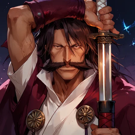 score_9, score_8_up, score_7_up, score_6_up, score_5_up, score_4_up,
1man, long black hair, dark brown hair, huge mustache, pronounced cheekbones, long nose, thin eyebrows, white boots, brown eyes, maroon-black cloak, broad chin, white uniform, masterpiece, high quality, detailed, Pony-NPDXL3, close-up, upper body, <lora:yhwach:1> looking at viewer, village, moonlight, stars, mysterious, dark, holding a sword , weapon, <lora:unsheathing_pose_vertical_3_final:1> arm up unsheathing sword, <lora:Fant5yP0ny:1> (blue glow:1.1)