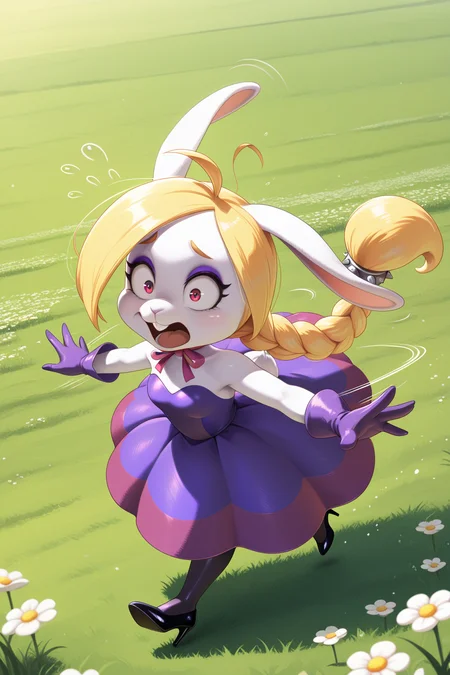 masterpiece, best quality, amazing quality, absurdres, mariohariet, blonde hair, single braid, white skin, furry female, rabbit girl, solo, open mouth, panicking, flailing, running, outstretched arms, purple dress, purple gloves, black stiletto heels, outdoors, field, grass, flowers, flying sweatdrops