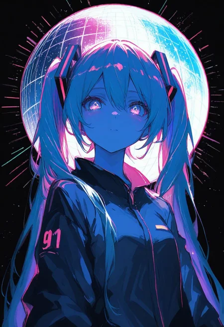 score_9, score_8_up, score_7_up, score_6_up,
Hatsune Miku,limited palette,black background,colorful,vibrant,glowing outline,neon,blacklight,looking at viewer, masterpiece, very aesthetic, white sphere on background,