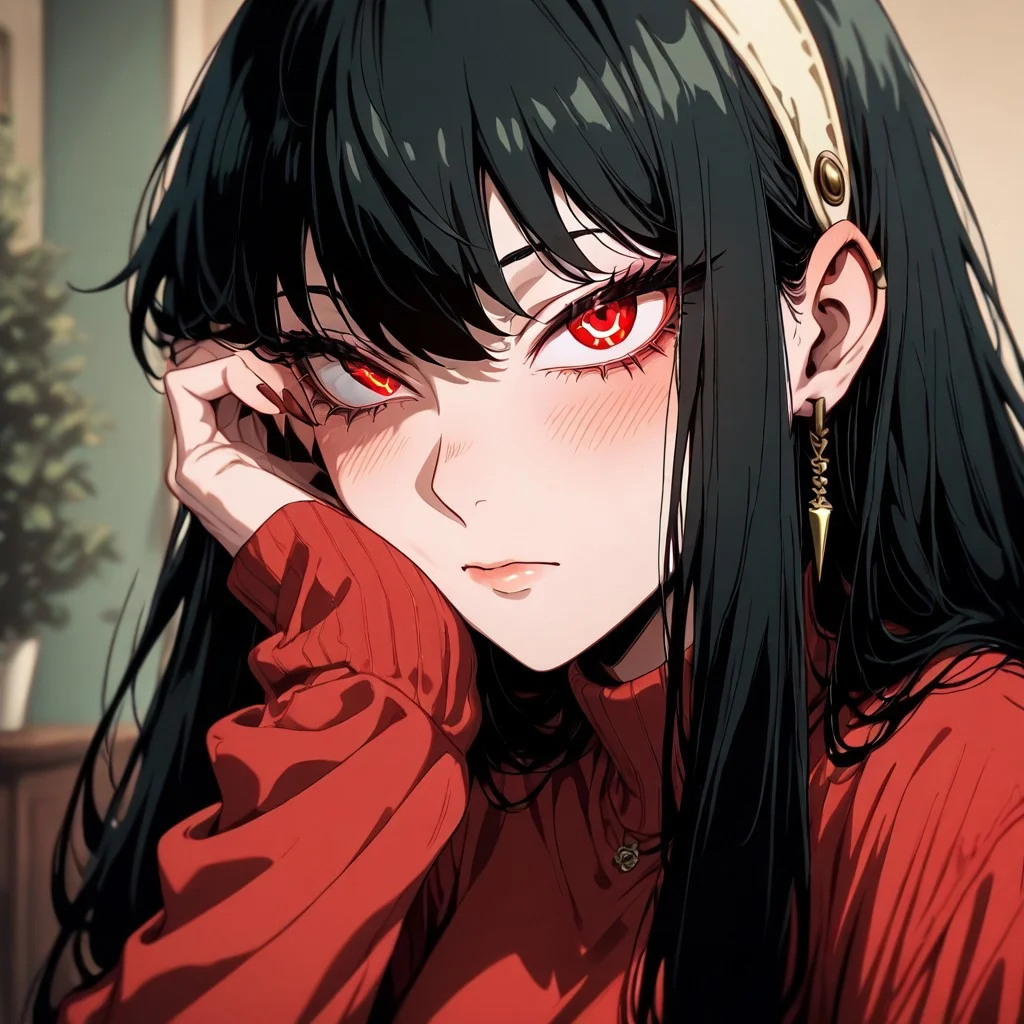 masterpiece, best quality, newest, absurdres, highres, GOTAV1.0, 1girl, yor_forger, spy_x_family, black_hair, red_eyes, red sweater