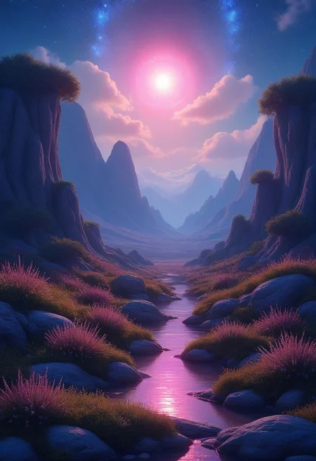 A serene fantasy landscape. Bioluminescent plants speckle this almost barren land. Distant crooked mountains give a pristine skyline which opens up to the neighboring planets shimmering in the night sky. A few fluffy clouds appear in what is otherwise a crystal-clear night sky.