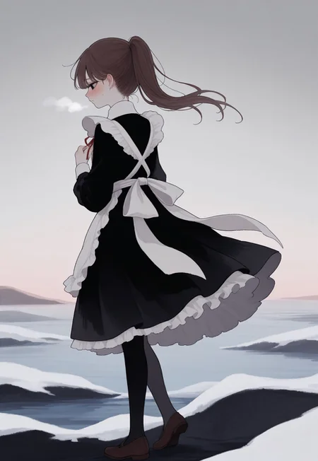 solo, detailed, ethereal, intricate details, vibrant colors, soft lines, soft brush strokes, dreamy,  from behind, 

sea, fog, murky,  snow, grey sky, melancholic, 

worried, blush, 

1girl, [[black solid eyes]], brown hair, ponytail, long black dress, long black sleeves, white collar, red neck_ribbon, white frills, white apron, [black pantyhose, brown shoes,],

masterpiece,best quality,amazing quality, detailed, 
