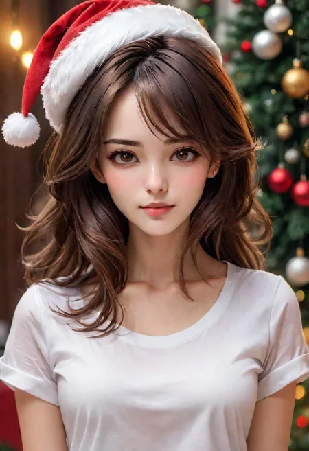 (masterpiece), 
1girl,
christmas hat,
white shirt,
brown hair,, floating hair, 
upper body shot, 
HDR, highly detailed, 32k, 
(sexy) mood, 
perfect face feature,