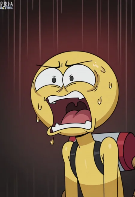 Playeer, 1boy, solo, yellow skin, bald, black eyes, grabpack, upper body, open mouth, afraid, screaming, sweating, open eyes