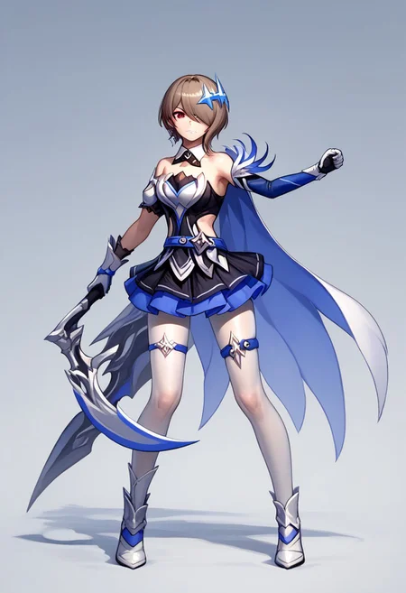 score_9, score_8_up, score_7_up, source_anime, good anatomy, 1girl, solo, RitaRossweisse, brown hair, short hair, hair over one eye, red eye, hair ornament, belt, blue belt, breastplate, white breastplate, center opening, clothing cutout, side cutout, strapless, strapless shirt, detached collar, black and blue shirt, layered skirt, black and blue skirt, miniskirt, asymetrical gloves, white and blue gloves, thigh band, arm bands, asymetrical silver and blue footwear, white pantyhose, wing cape, full body, fighting stance, one raised leg, scythe