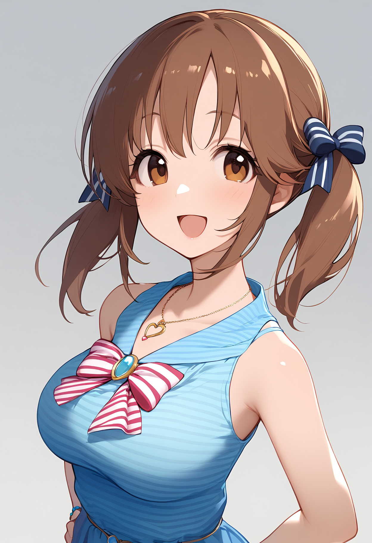 1girl,
totoki airi,


solo, twintails, large breasts, looking at viewer, blush, wristband, dress, breasts, upper body, short hair, bow, :d, bowtie, hands on own hips, open mouth, blue dress, necklace, sleeveless, pendant, collarbone, brown eyes, white background, brown hair, striped clothes, striped bow, striped bowtie, smile, short twintails, heart, jewelry, heart necklace, simple background, sleeveless dress,

sfw
<lora:a31_char_new_totoki_airi:1> <lora:a31_style_koni-000010:0.8>