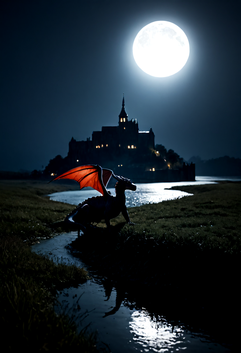 score_9, score_8_up, score_7_up, BREAK, rating_safe, 
horror \(theme\), night, full moon, 
mntsntmchl, castle, grass, water, river, 
(dragon, fantasy, dragon wings:1.1), looking at viewer, (animal_focus:1.4), wide-eyed, 
dramatic lighting, very detailed, highly detailed, high detail, soft lighting, dramatic shadows, depth of field,
<lora:add-detail-xl:1>,
<lora:sdxl_lightning_4step_lora:1>,
<lora:MONT_ST_MICHEL_V1_PDXL-000006:0.8> ,