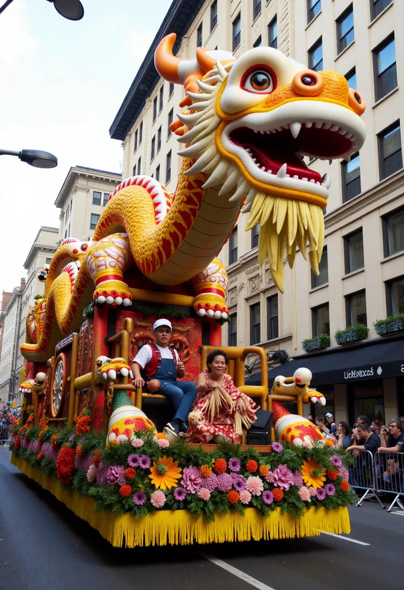 <lora:Parade_Float_Fashioner_FLUX:0.9>
The image is a photograph capturing a vibrant, elaborate parade float featuring a fantastical dragon design, prominently displayed in the center.