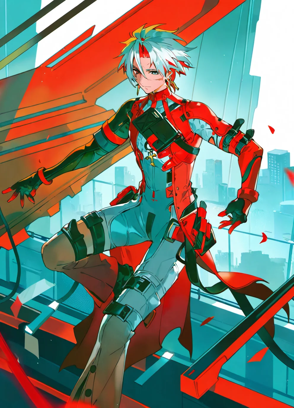 1boy,solo,masterpiece,best quality,amazing quality,minaba hideo,rei \(sanbonzakura\),mika pikazo,[alchemaniac],[[yoneyama mai]],
full body,city scenery outside the window,rooftop,
<lora:ScarLoraNoob:1>,scar_(wuthering_waves),1boy,male focus,short hair,earrings,red hair,multicolored hair,white hair,bodysuit,grey bodysuit,gloves,official alternate costume,scar on face,grey eyes,red eyes,