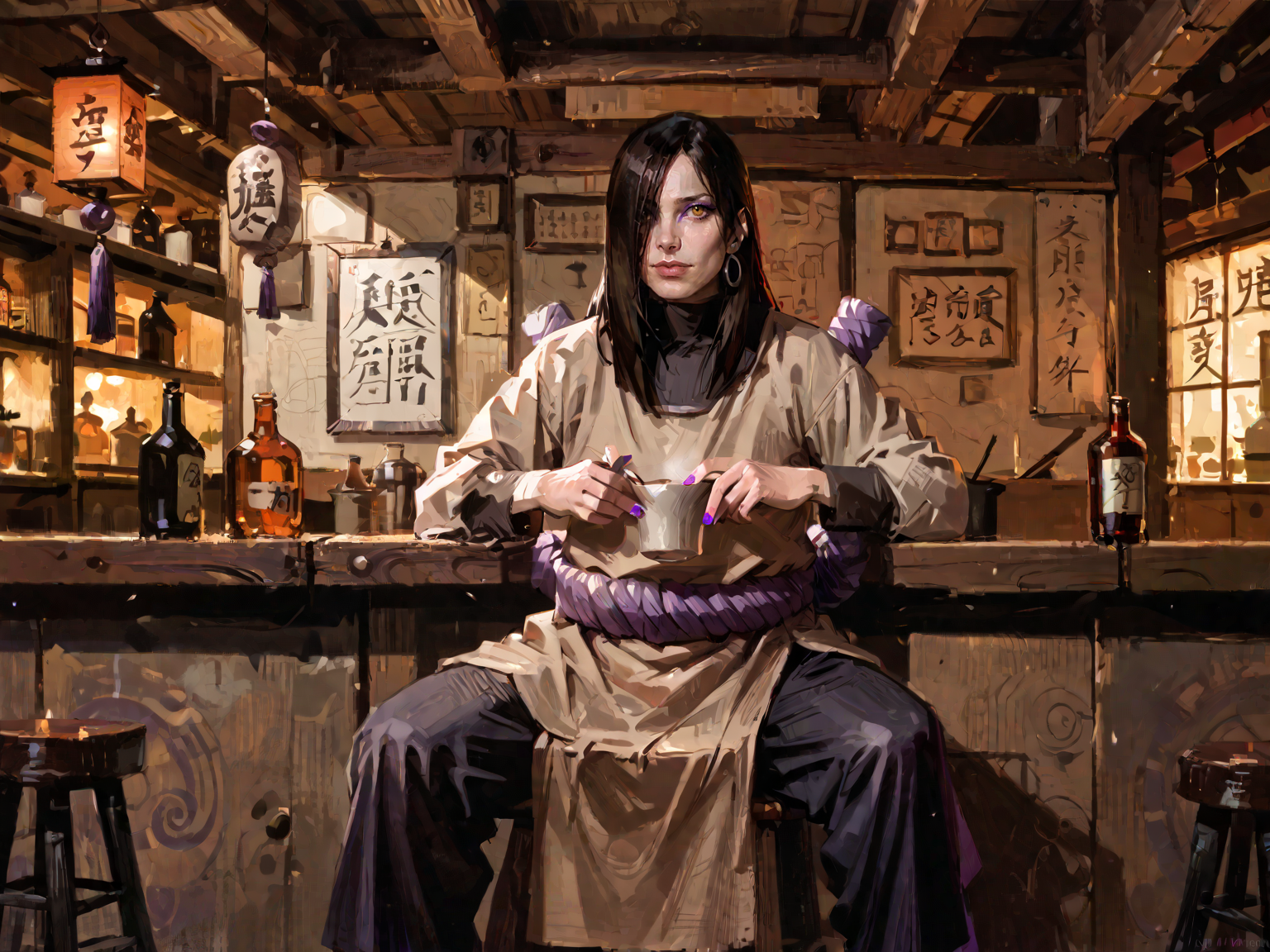<lora:NarutoConceptStyle:0.8>,  <lora:OrochimaruV1:0.8>, adult man, oroch1maru, yellow eyes, slit pupils, black hair, long hair, purple eyeliner, hair over one eye, pale skin, tan tunic, long sleeves, purple rope belt, purple nails, earrings, sitting, japanese village, japanese bar, sake bottle, indoors, solo, ninja, asian architecture, medieval, <lora:AlexanderMandradjiev:0.8>, zPDXL3, score_9, score_8_up, score_7_up, score_6_up, score_5_up, score_4_up, realistic, real, hyper realistic, (source_real:1.3)