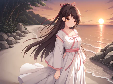 itsuki miyu,solo,hanfu,chinese clothes,rock garden,cowboy shot,beach,sunset,<lora:Itsuki_Miyu:0.8>,, masterpiece, best quality, amazing quality, very aesthetic, absurd, newest, detailed eyes