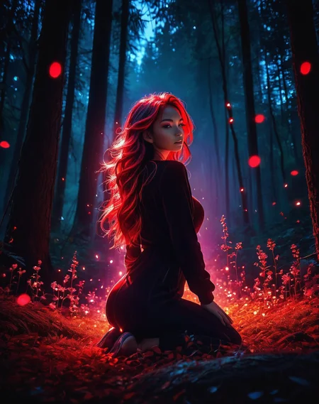 <lora:Dark_Aura_XL_-_Filled_with_miasma:1> dark aura, dynamic angle, 8K, red, HD, light particles floating, kneeling in the forest watching spirits, eerie aura, chromatic aberration, colorful forest lights during night time, oily skin,dynamic angle, colorful glowing flowers, night,hair ornament, intrincate clothing, sexy