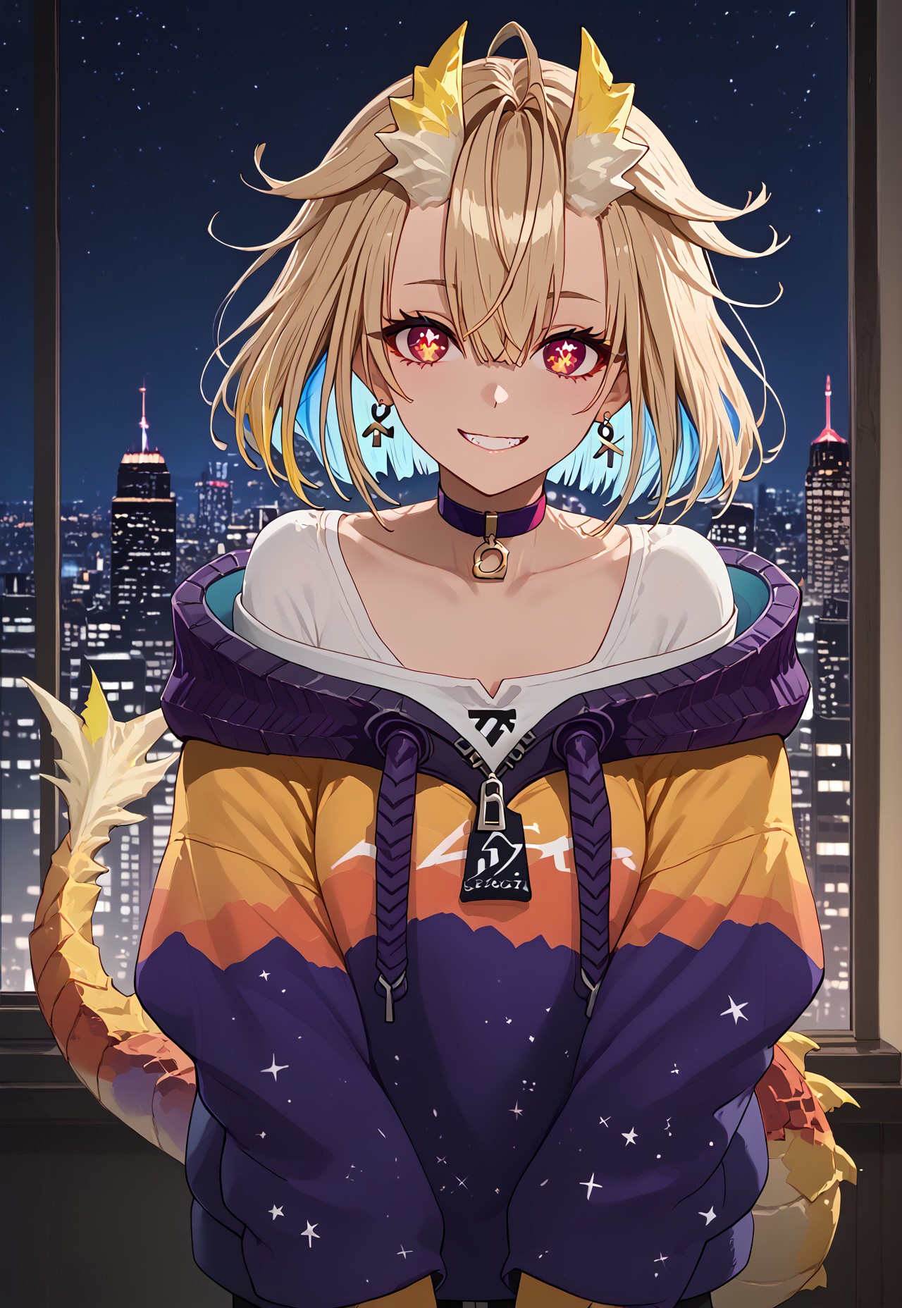 1girl, solo, solo focus, highres, absurdres, Nasa1st, choker, short hair, red eyes, multicolored hair, blonde hair, blue hair, bangs, collarbone, dragon claws, long sleeves, hair between eyes, off shoulder, dragon girl, dragon horns, dragon tail, earrings, jacket, zipper, multicolored clothes, colored inner hair,

looking at viewer, smile, 

window, cityscape, neon lights, shade, night, night sky, dark, backlighting,