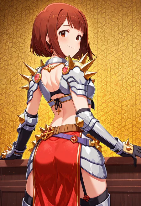 masterpiece, best quality, very aesthetic, absurdres, newest,
mirishita, kotoha, 1girl, (medium bob hair), (medium breasts:0.5), (cleavage:0.75),
(happy:0.25), (seductive smile:0.25), (blush:0.25), intricate, vivid, complex, ultra-detailed,
Cowboy shot, (from behind: 1.5), looking back, smile,
Standing with legs apart, seductive posing,
runeKnightRO, armored dress, armored skirt, navel, midriff, garter straps, gauntlets, jewelry, pauldrons, belt, red pelvic curtain, loincloth, cross necklace, shoulder spikes, front-tie top, breastplate, black gloves, vambraces, armored boots,
highly detailed background, complex background,