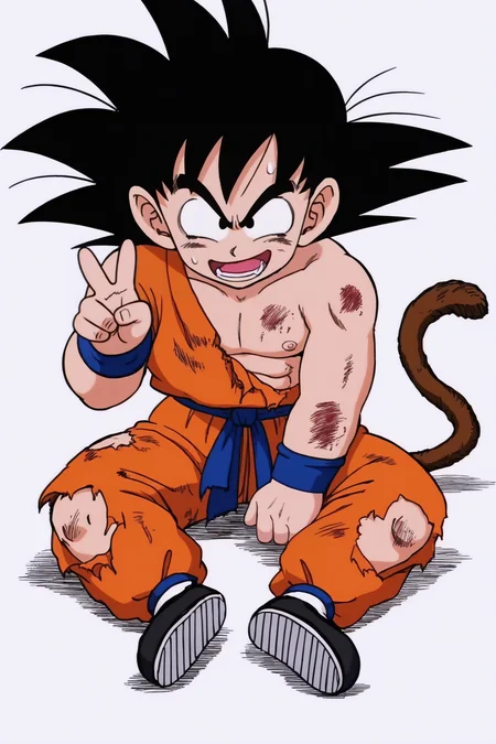 source_anime, score_9, score_8_up, score_7_up, anime screencap,8k, absurd res, 
son goku, solo, smile, open mouth, simple background, black hair, 1boy, white background, sitting, tail, full body, male focus, boots, sweatdrop, black eyes, fingernails, torn clothes, v, spiked hair, wristband, injury, male child, dirty, bruise, dougi, monkey tail, scratches, dirty face, dirty clothes, white legwear, v-shaped eyebrows, shoes, shoe soles, eye half closed, orange topwear, messy hair, broken arm, hand on floor, orange pants, nipples, looking at viewer, collarbone, blue sash, blue wristband, black footwear, socks
<lora:gokudb_pony_v2:0.8>