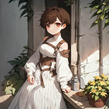 score_9, score_8_up, score_7_up, score_6_up, 1girl, brown hair, brown eyes, pixie cut, medium breasts covered by light armor, long skirt, shoulderless sleeves, <lora:DaeXLAitrepeneur:0.7> <lora:hand 4:1> <lora:age_slider_v4:-3>, daebom