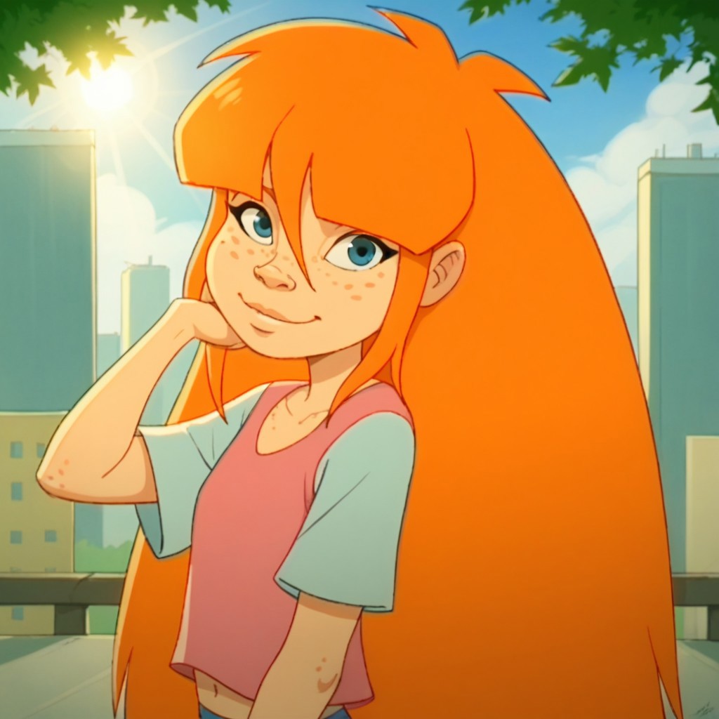 score_9, score_8_up, score_7, BREAK, solo, tupu, orange hair, very long hair, blue eyes, freckles, city, sunlight, natural lighting, looking at viewer,