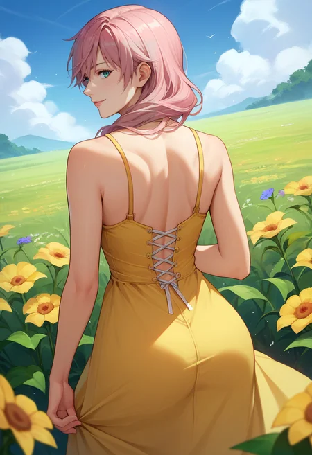 score_9, score_8_up, score_7_up, source_anime, from behind, solo, 1girl, lightningfarron, slight smile, looking back, yellow sundress, flower field <lora:ffxiii_lightning_ponyXL:1>