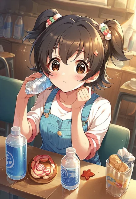 score_9, score_8_up, score_7_up, score_6_up, score_5_up, score_4_up, akagi miria, short hair, black hair, brown eyes, two side up, 1girl, solo, hair ornament, blush, overalls, food, water bottle, bottle, candy